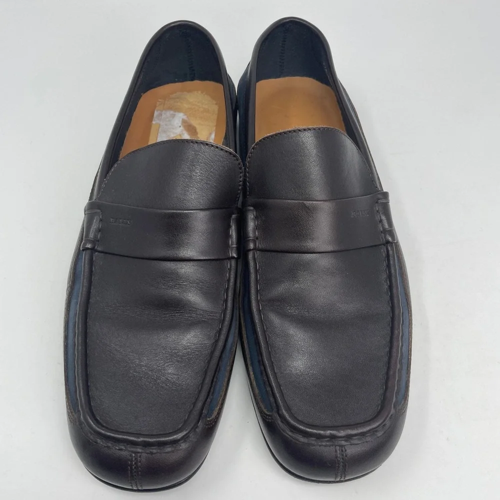 Bally Rumo Men 10.5 D Brown Leather Navy Suede Preppy Penny Loafers Italian Made